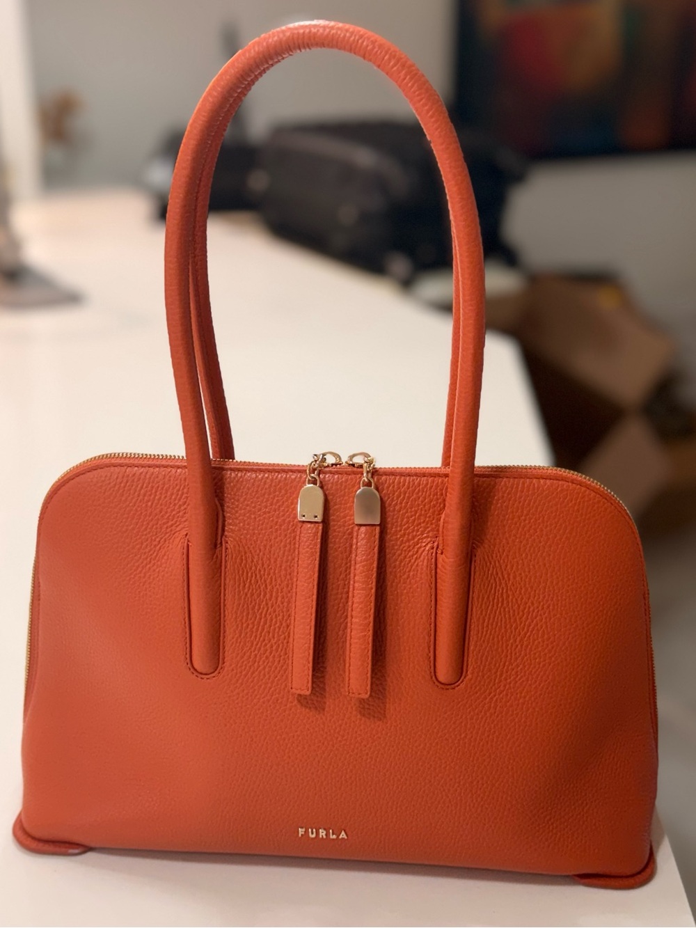 Furla Orange Structured Leather Double-Handle Tote